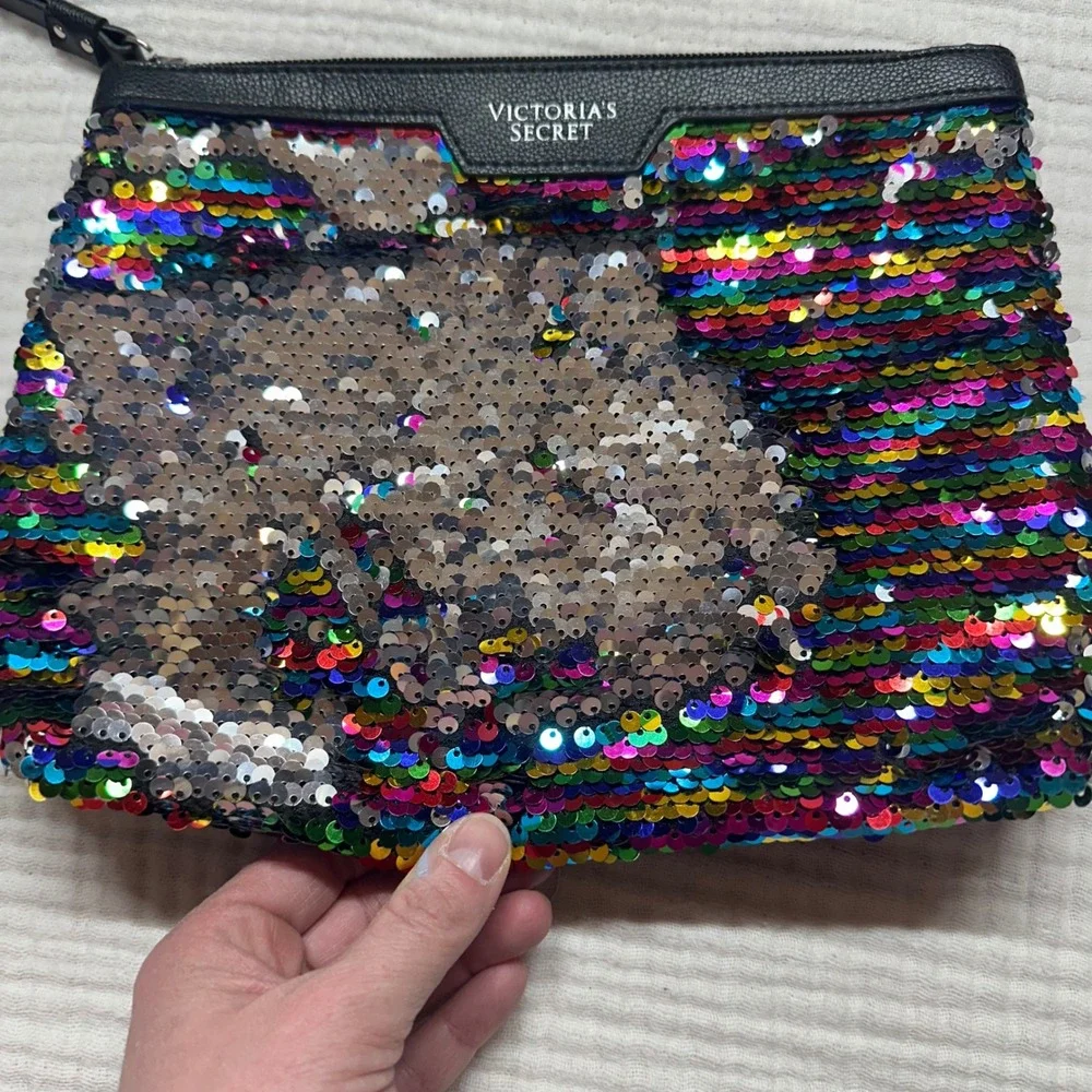 Victoria's Secret Black Flip Rainbow Sequin Bling cosmetic pouch bag purse Y2K